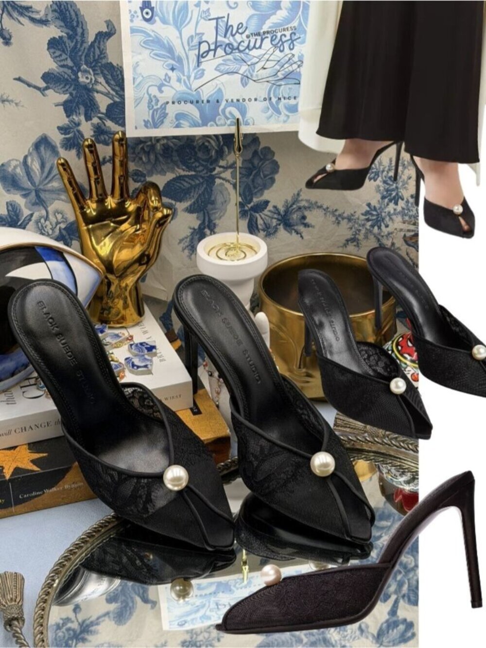 🆕 BLACK SUEDE STUDIO 🧿 NWOB Debby 100 Mesh Mule, Black Lace - Sz 37 US 7